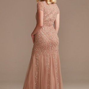 Oleg Cassini Cap sleeves, beaded, sheath dress with tulle godets
